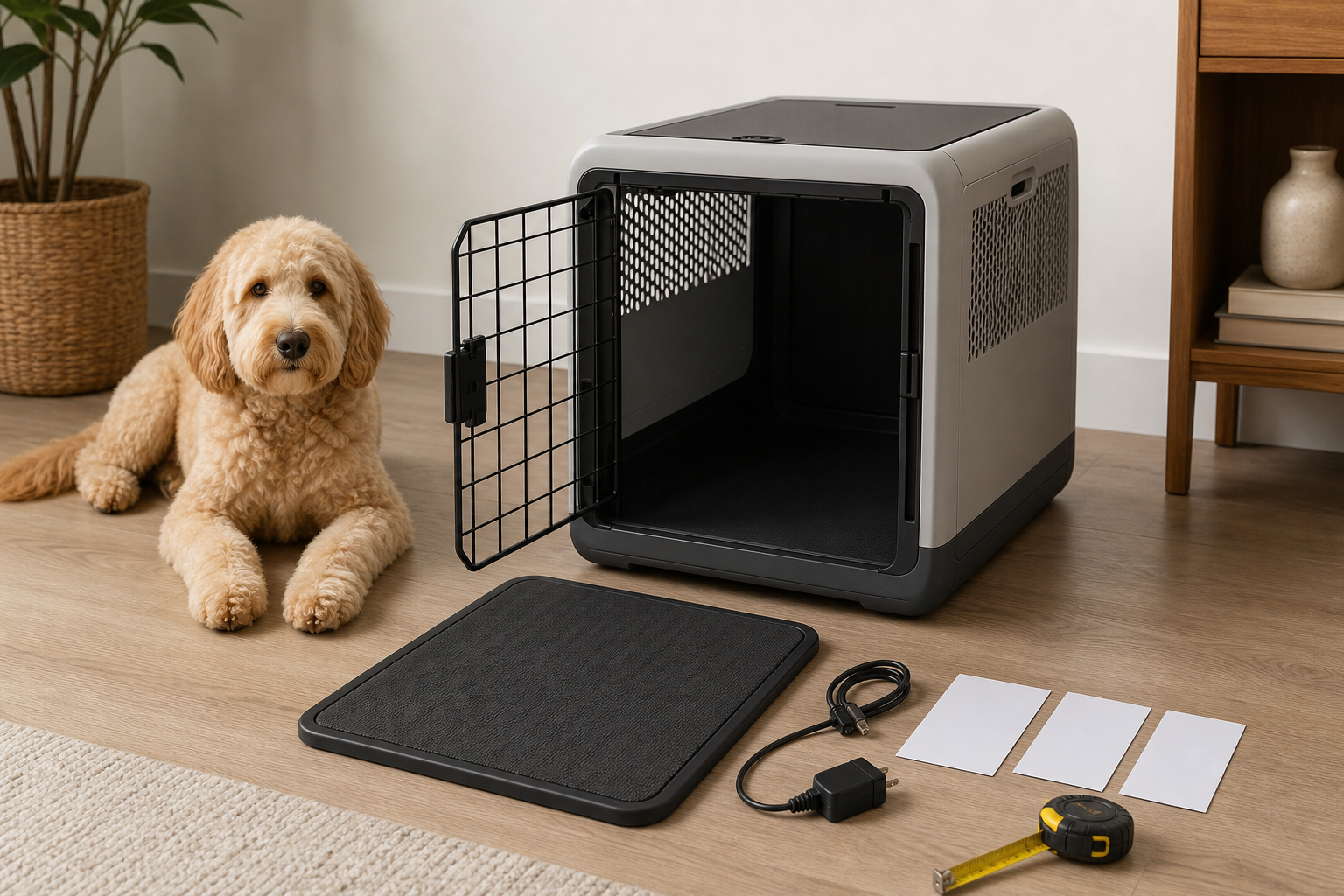 Generic unbranded smart dog crate checkout comparison with mat cable and blank cards