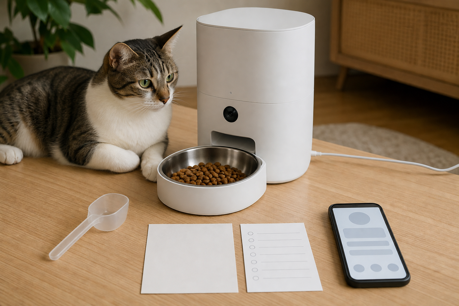Unbranded smart feeder camera with blank checkout checklist and a calm cat