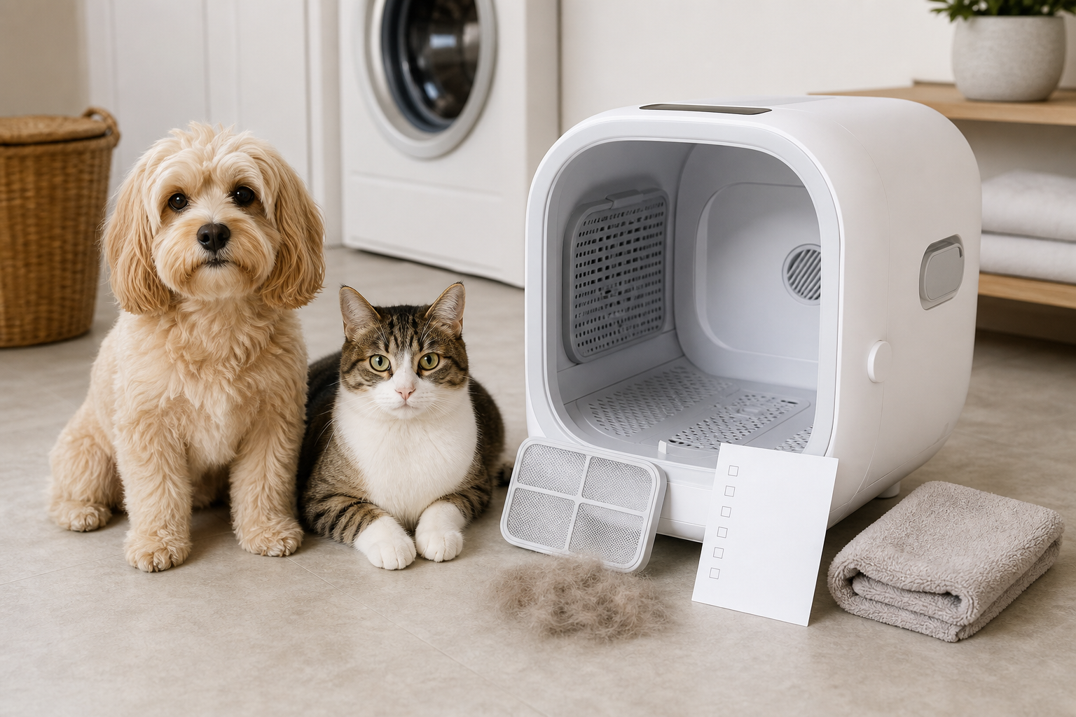 Generic smart pet dryer box with removable hair filter and calm pets