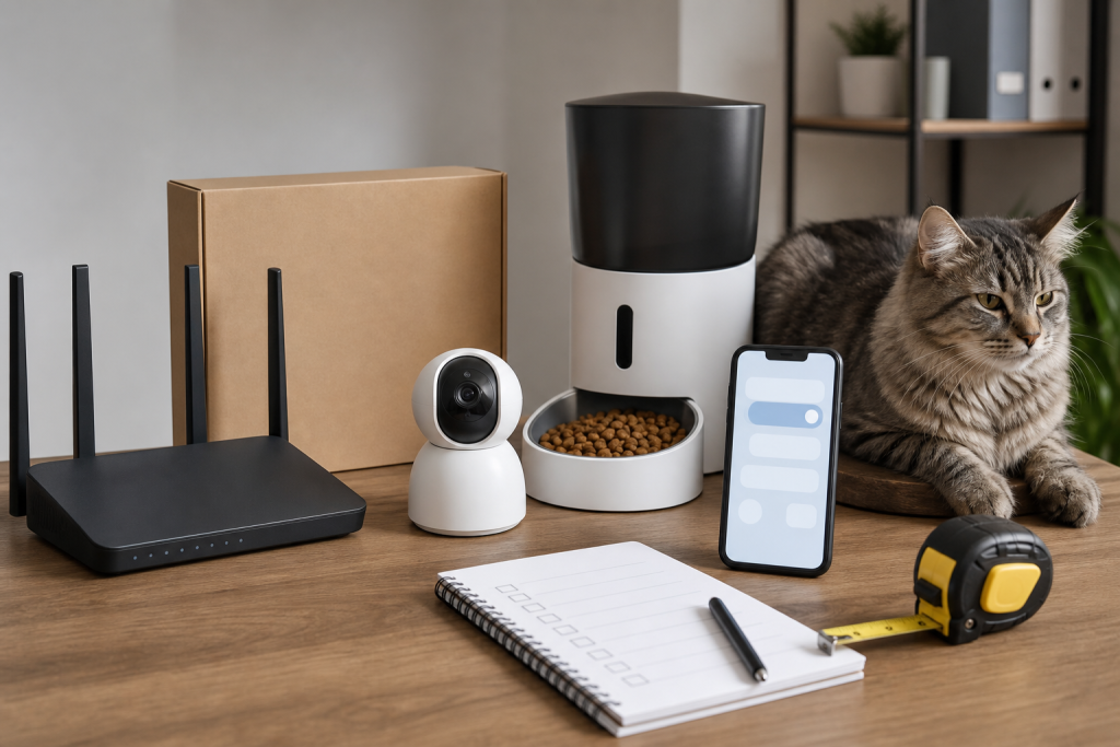 Unbranded router, pet camera, feeder, phone and cat beside a blank checkout checklist