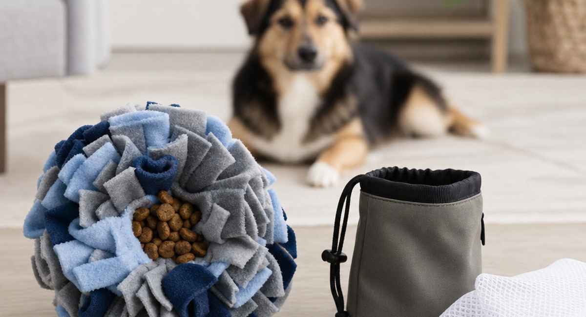 Unbranded snuffle ball with kibble, treat pouch and washable mesh bag for checkout checks