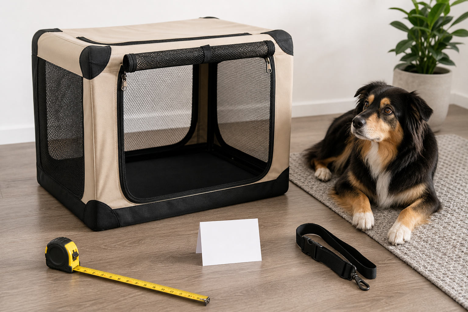 Unbranded soft dog crate with measuring tape and blank checkout card