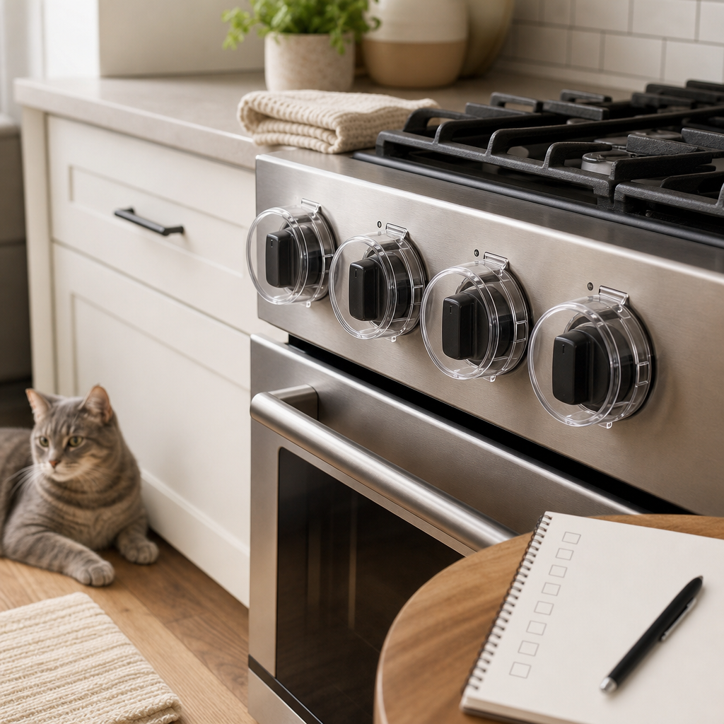 Generic stove knob covers with a cat nearby and a blank checklist