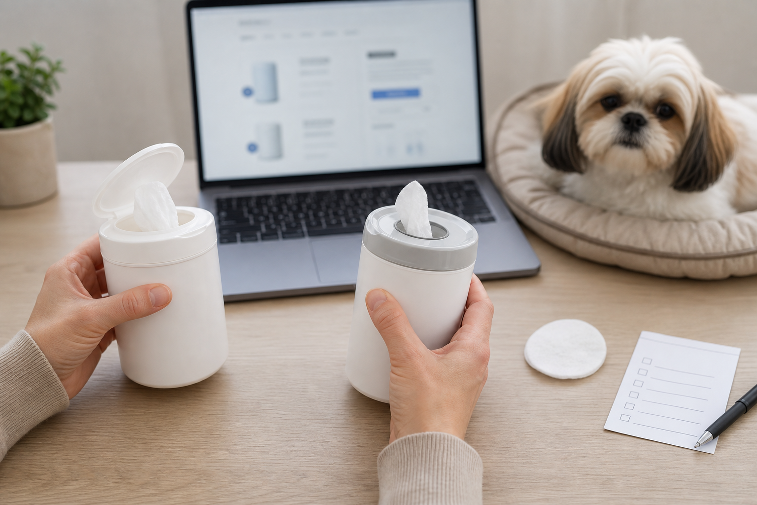 Unbranded pet eye wipes being checked before checkout