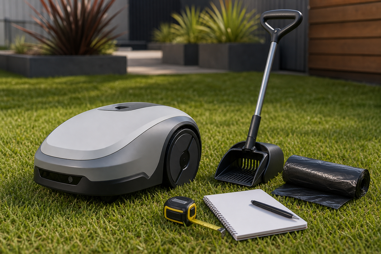 Generated editorial image of a generic yard robot concept beside a manual scooper, waste bags and blank checklist