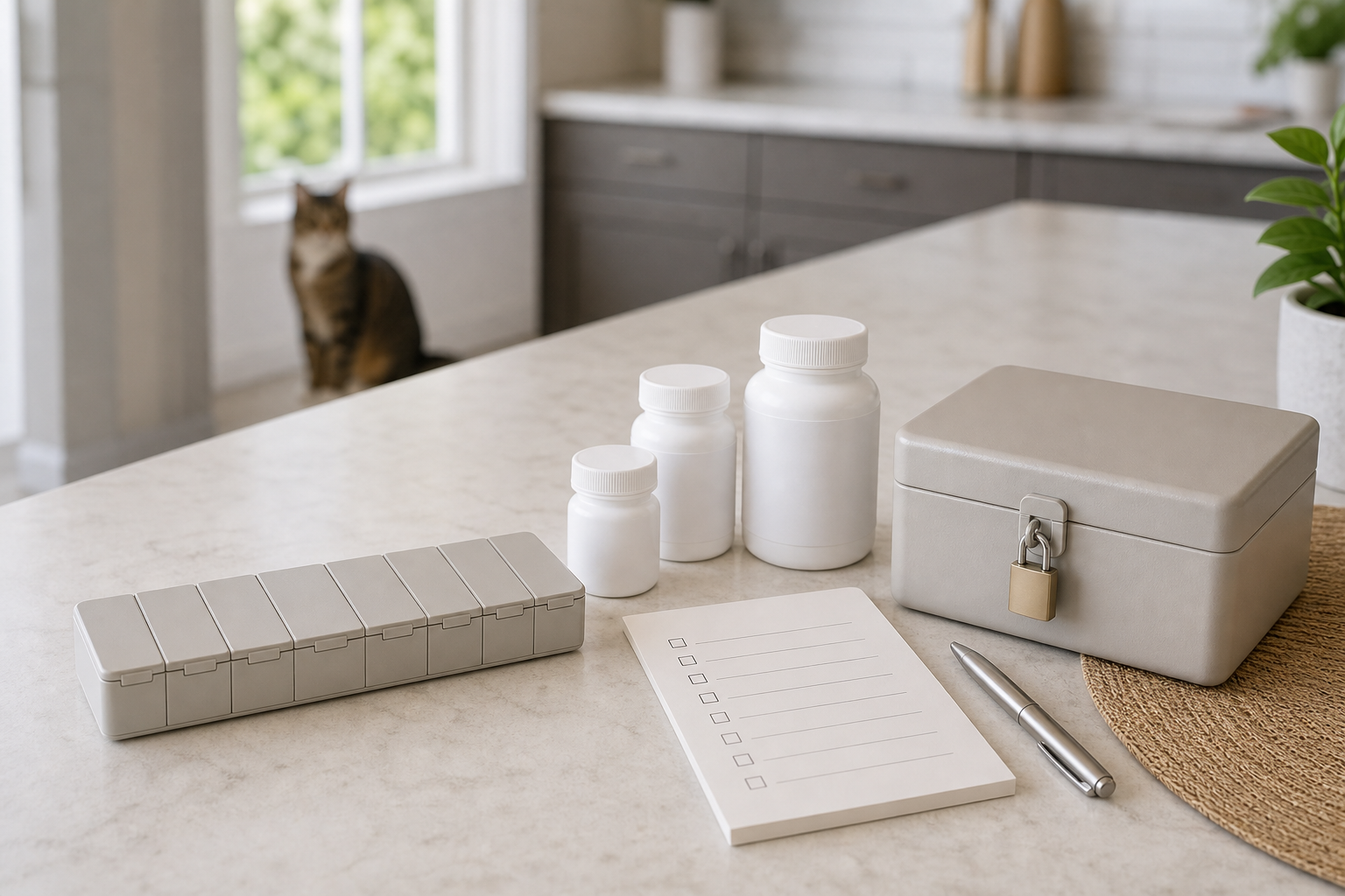 Unbranded pet pill organizer with blank bottles and a locked storage box.