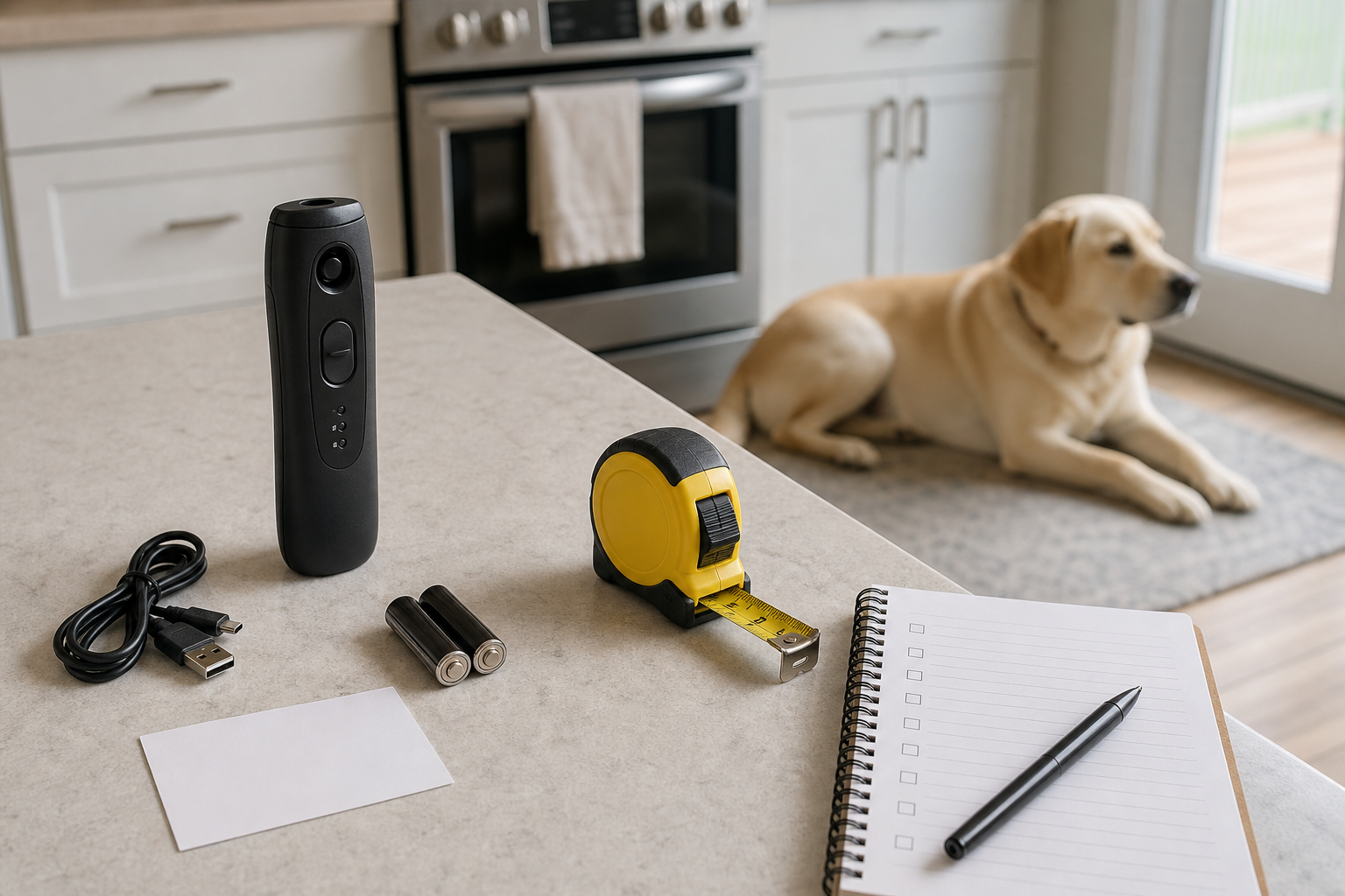 Unbranded handheld ultrasonic-style pet training device with battery and return checklist.