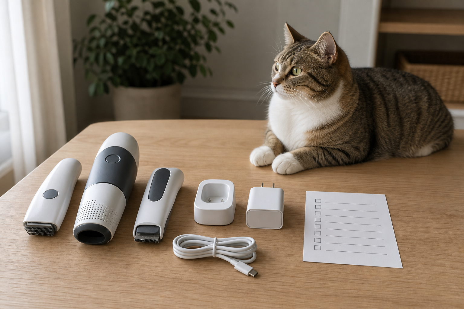 Unbranded rechargeable pet gadgets, USB-C cable and charger being checked before checkout
