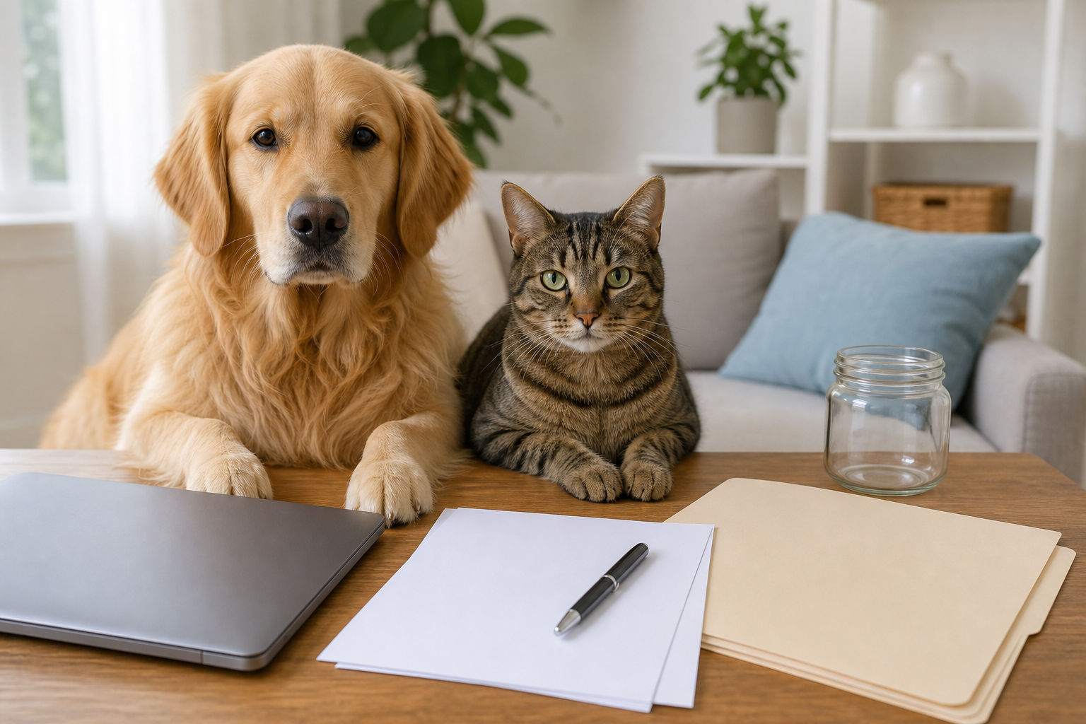 Dog and cat beside blank pet bill planning papers and savings jar