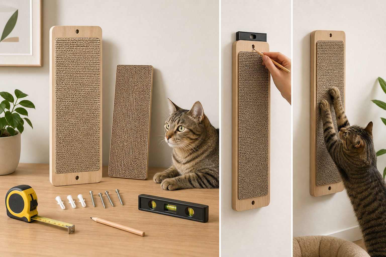 Unbranded wall cat scratcher with generic hardware, measuring tape and cat
