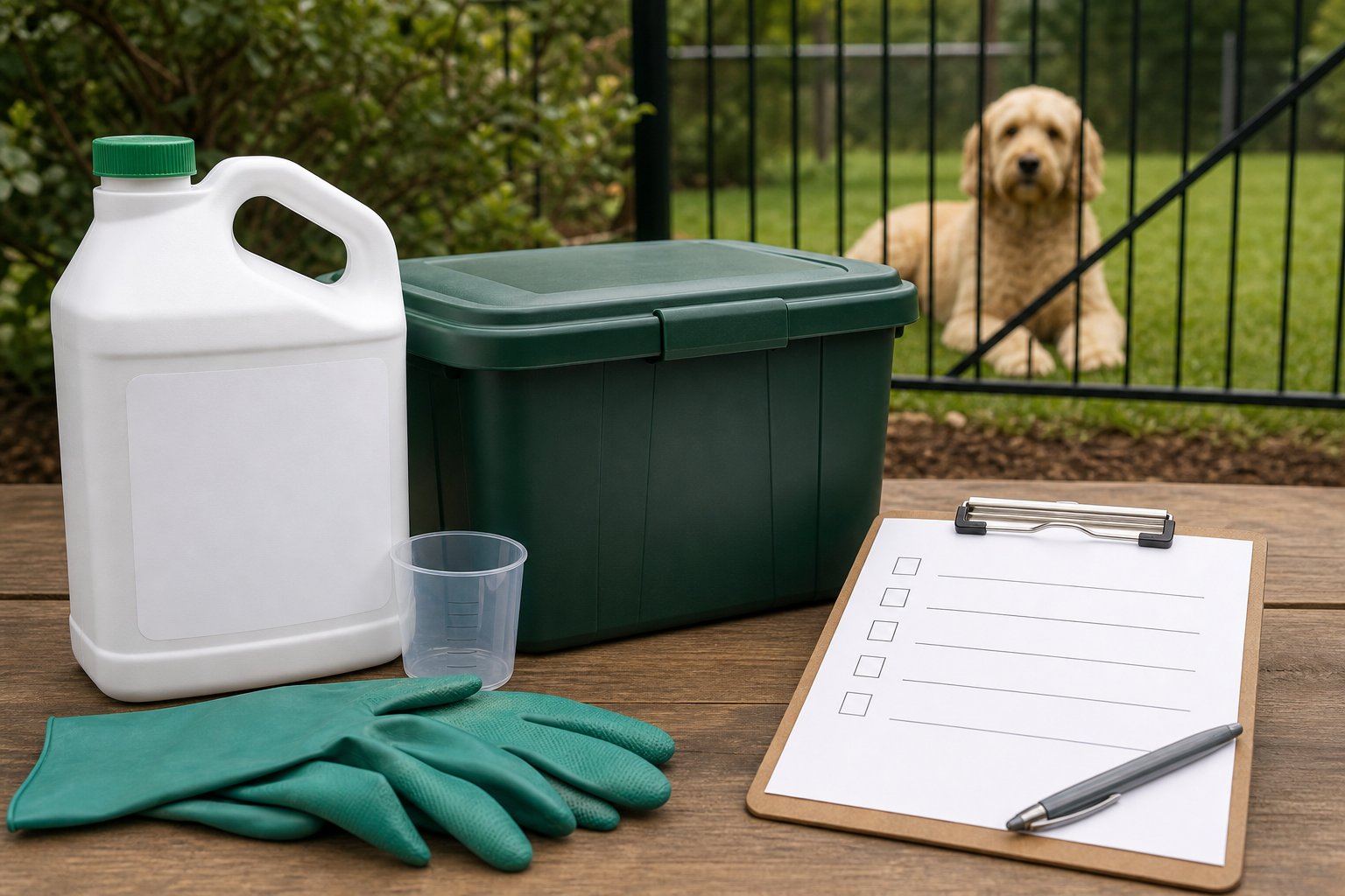 Unbranded weed-control bottle with gloves, storage bin and pet safety checklist beside a fenced lawn