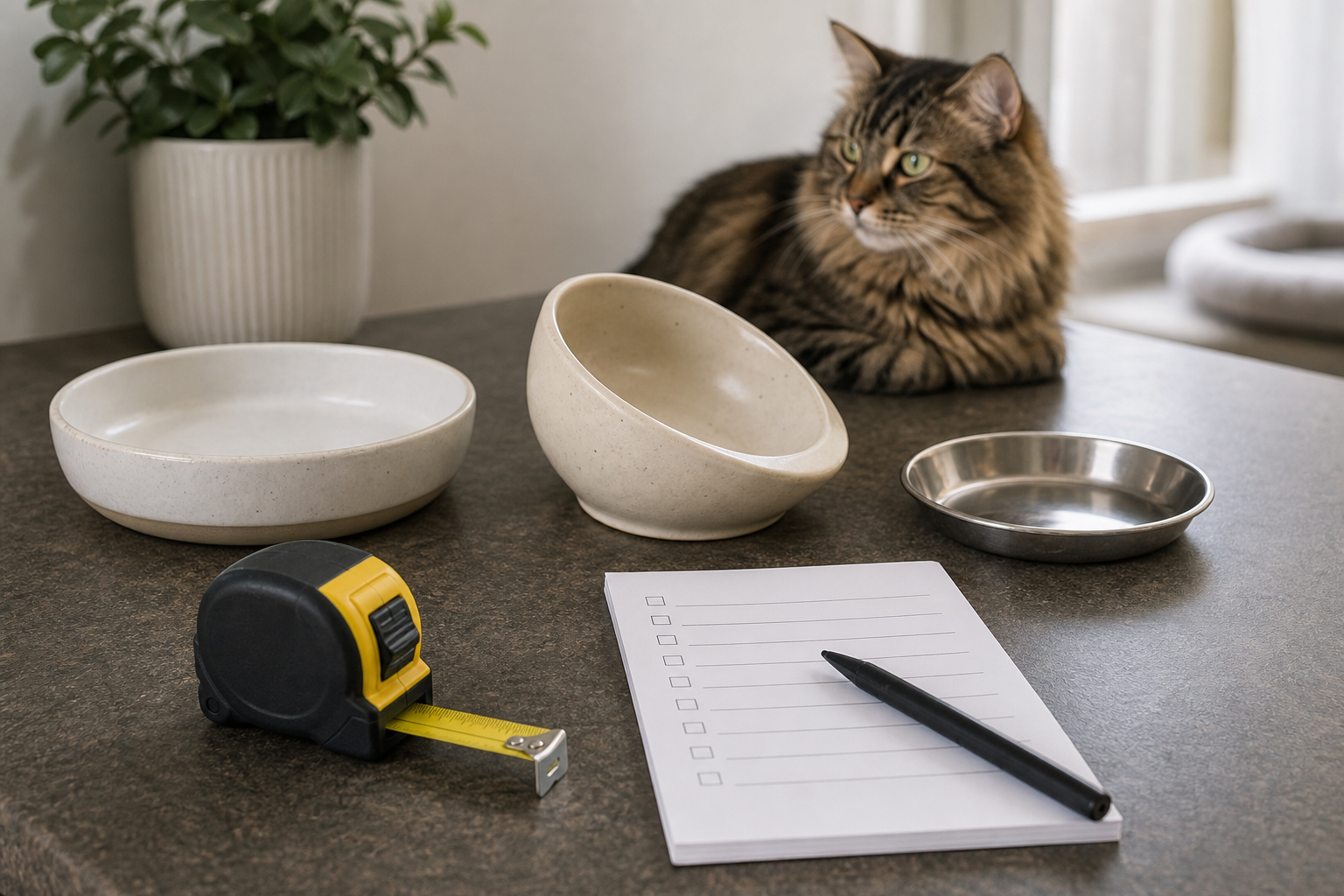 Unbranded shallow cat bowls arranged for a checkout comparison