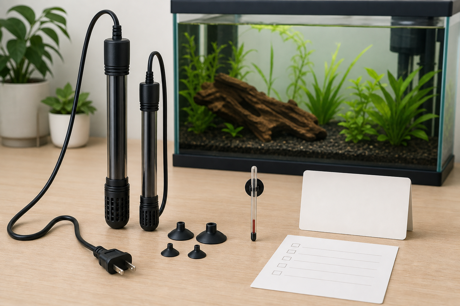 Unbranded aquarium heater checkout setup with thermometer and blank checklist