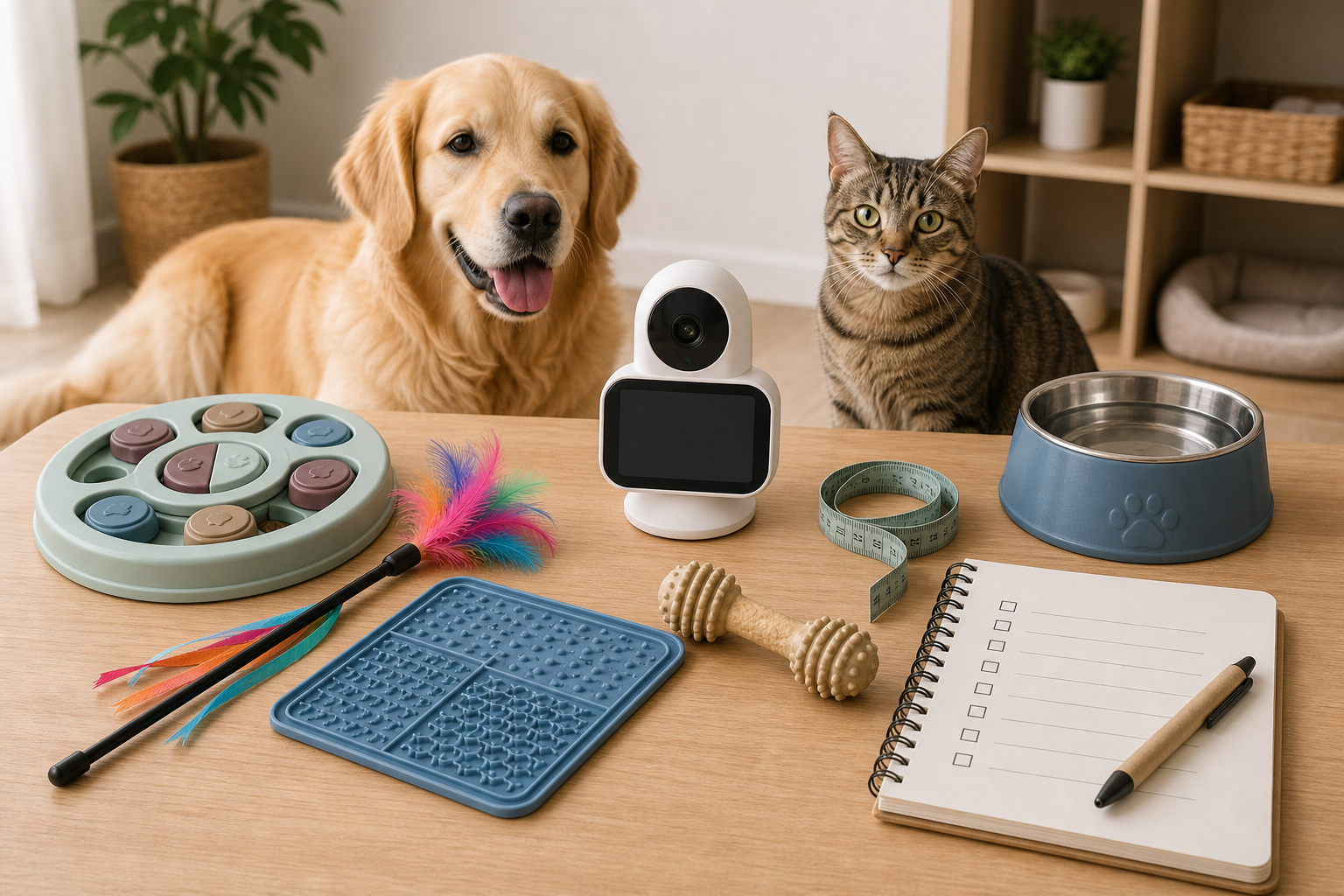 Generic dog and cat enrichment toys, pet camera silhouette and checklist for a back-to-school shopping check