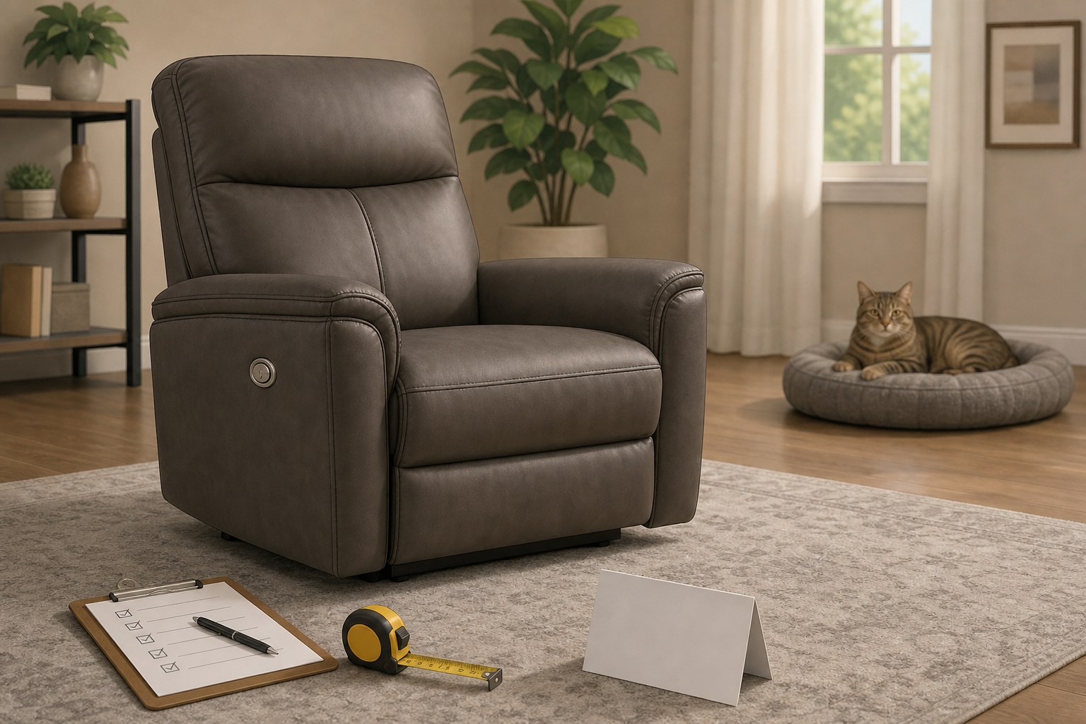 Unbranded power recliner inspection scene with a cat safely resting on a separate pet bed