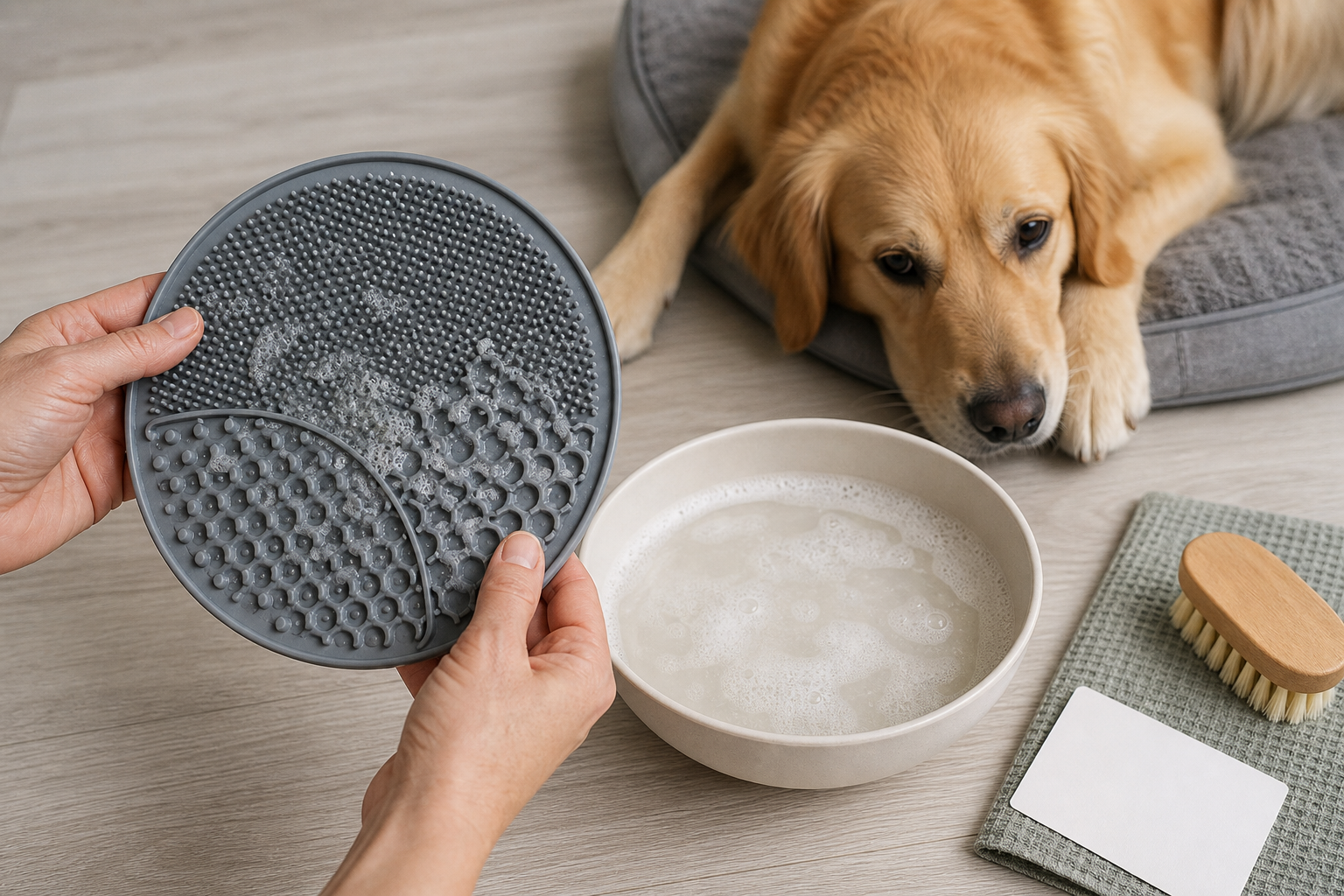 Unbranded lick mat being cleaned beside a calm dog