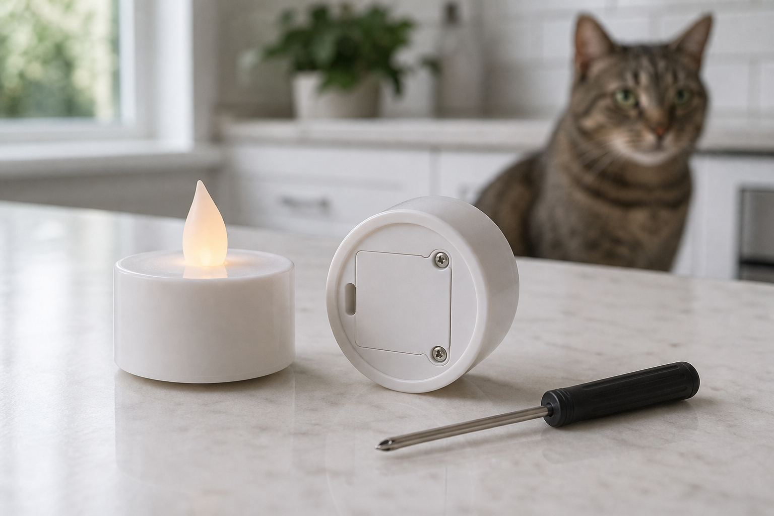 Close-up of flameless LED tea lights with a screw-secured battery compartment and a cat in the background