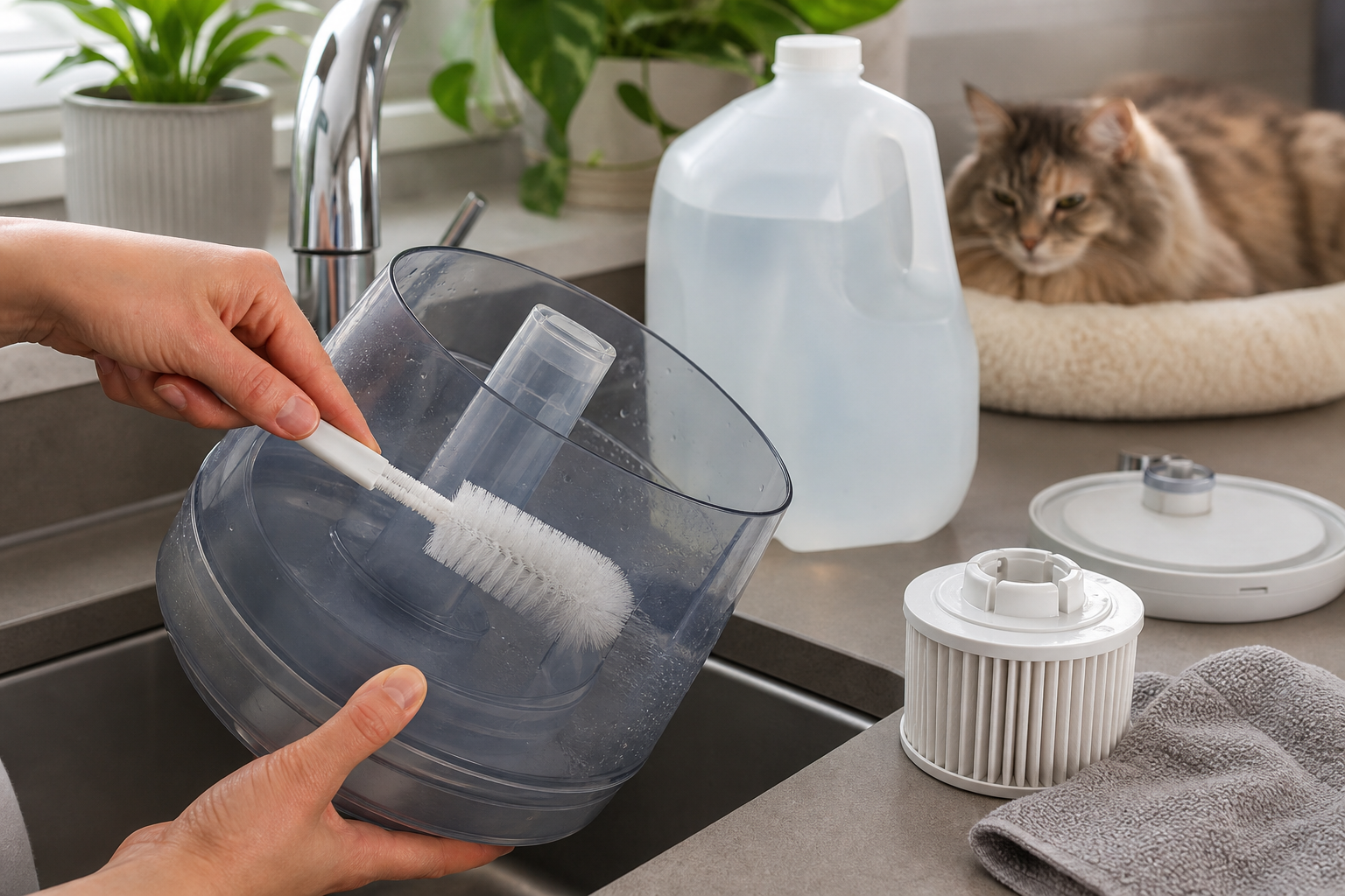 Humidifier tank cleaning and filter check near a cat