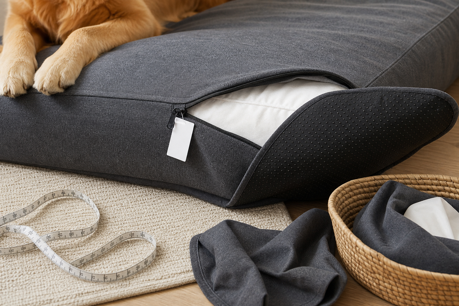 Unbranded oversized dog bed with removable cover, zipper, measuring tape and non-slip underside