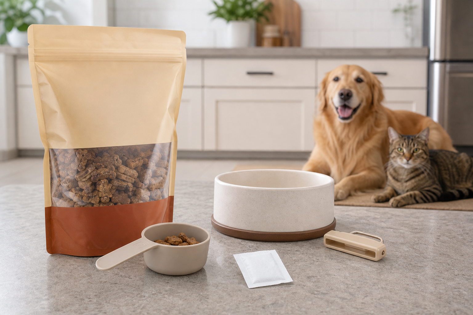 Unbranded pet treat storage setup with scoop bowl clip and freshness packet away from pets