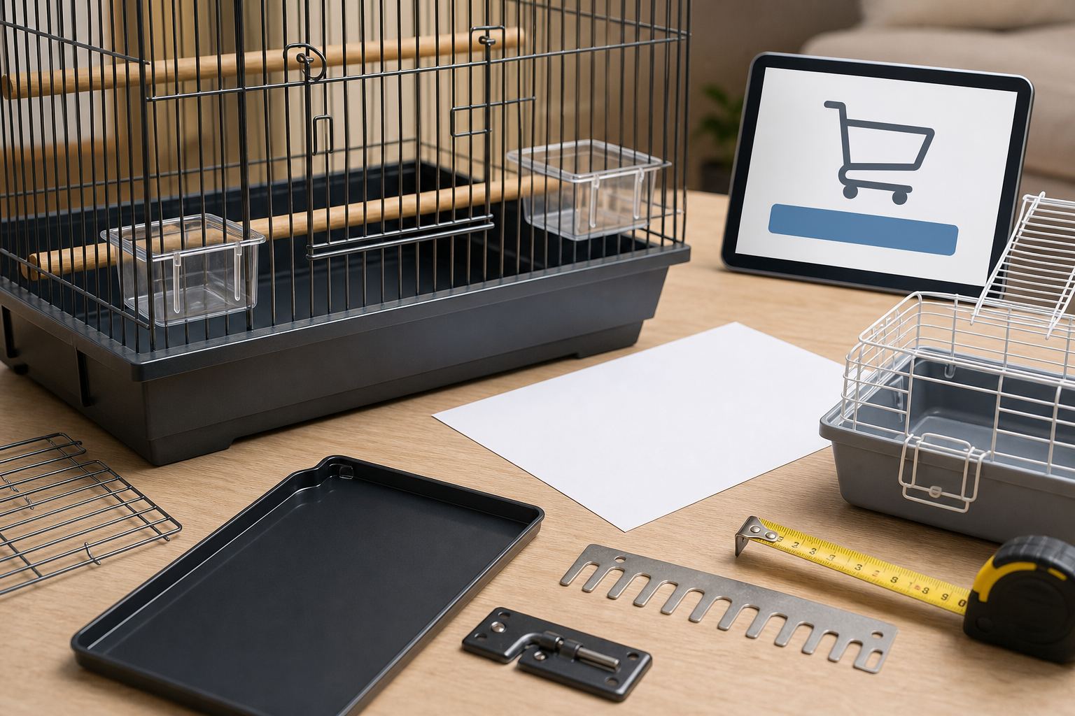 Unbranded bird cage and small pet cage parts with a blank checkout screen and measuring tools