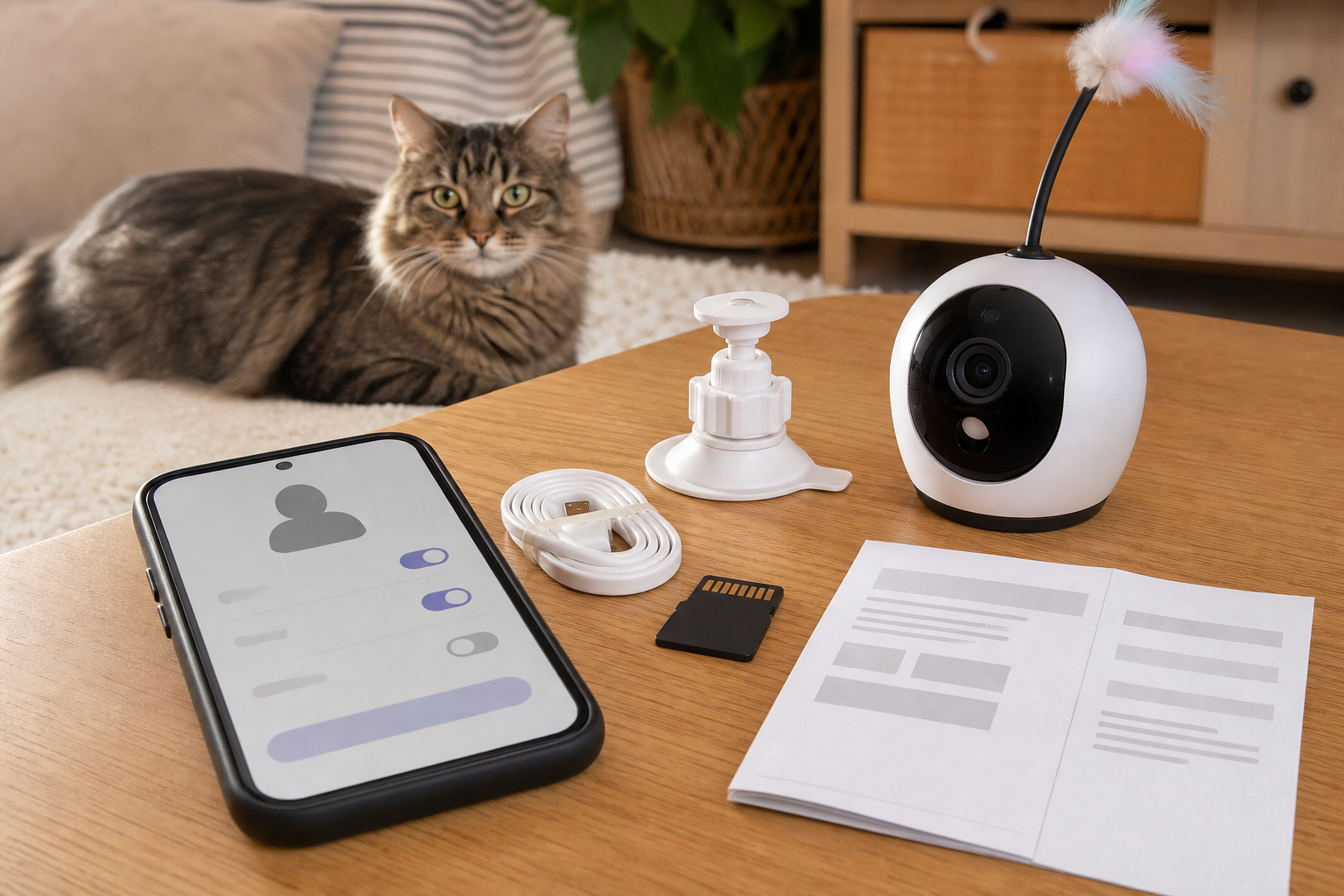 Cat camera toy checkout items including memory card cable mount and privacy controls
