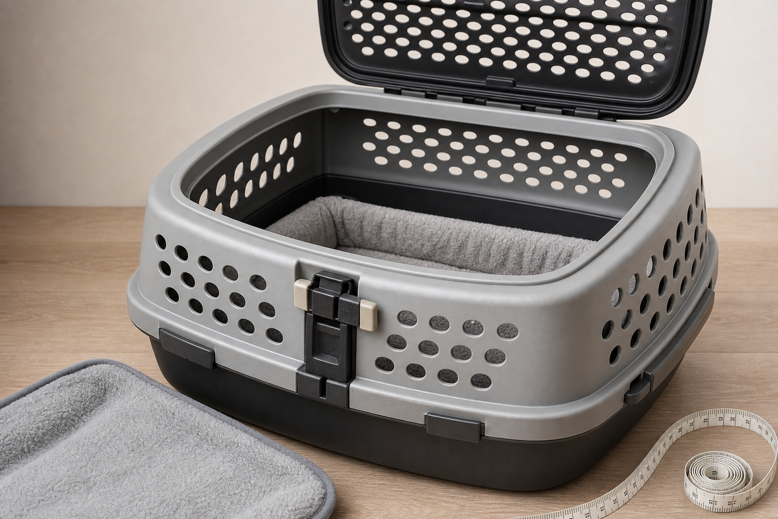 Unbranded hard-sided cat carrier with top opening, latch detail, liner and measuring tape