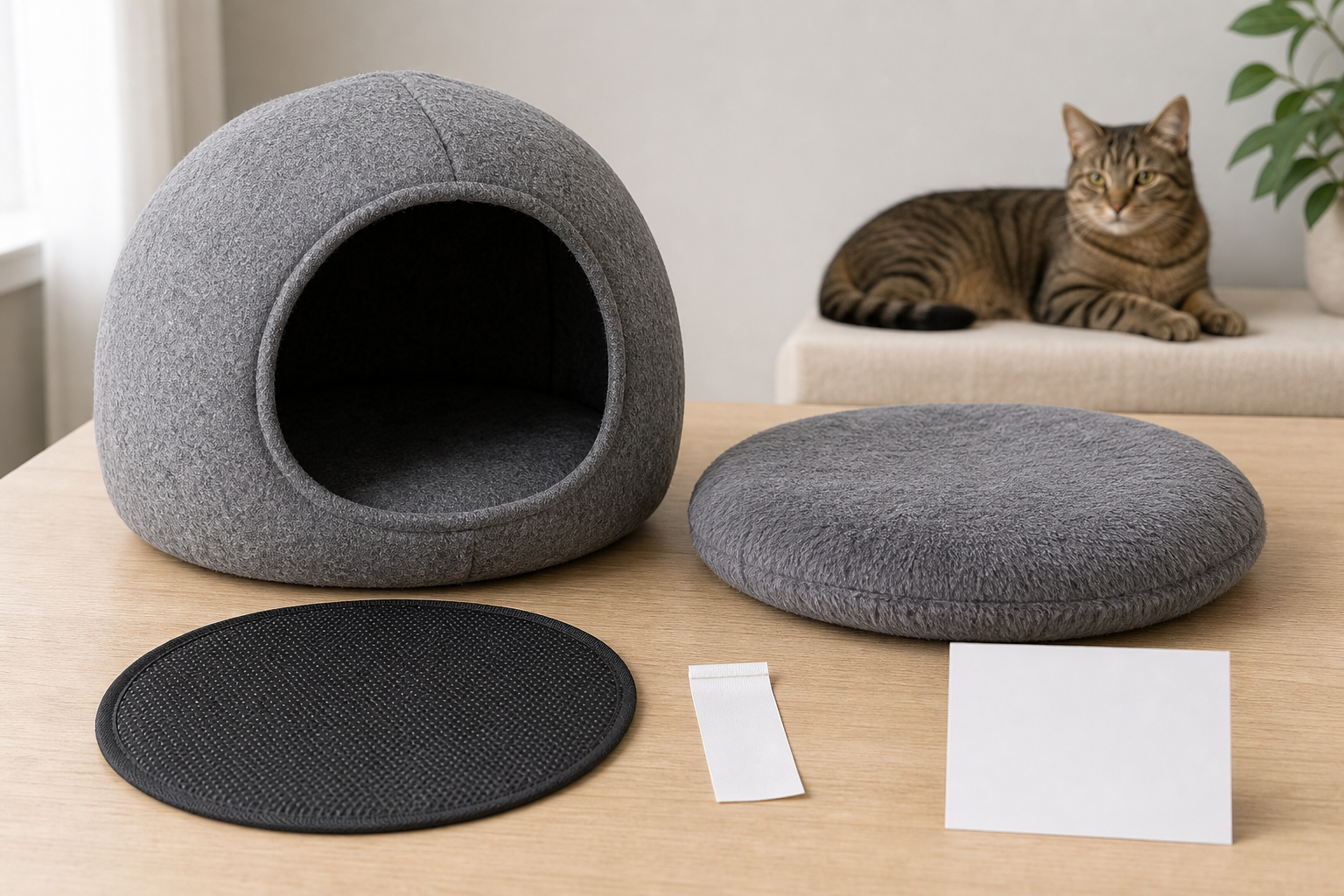 Generic cat cave bed checkout inspection with removable cushion and calm cat
