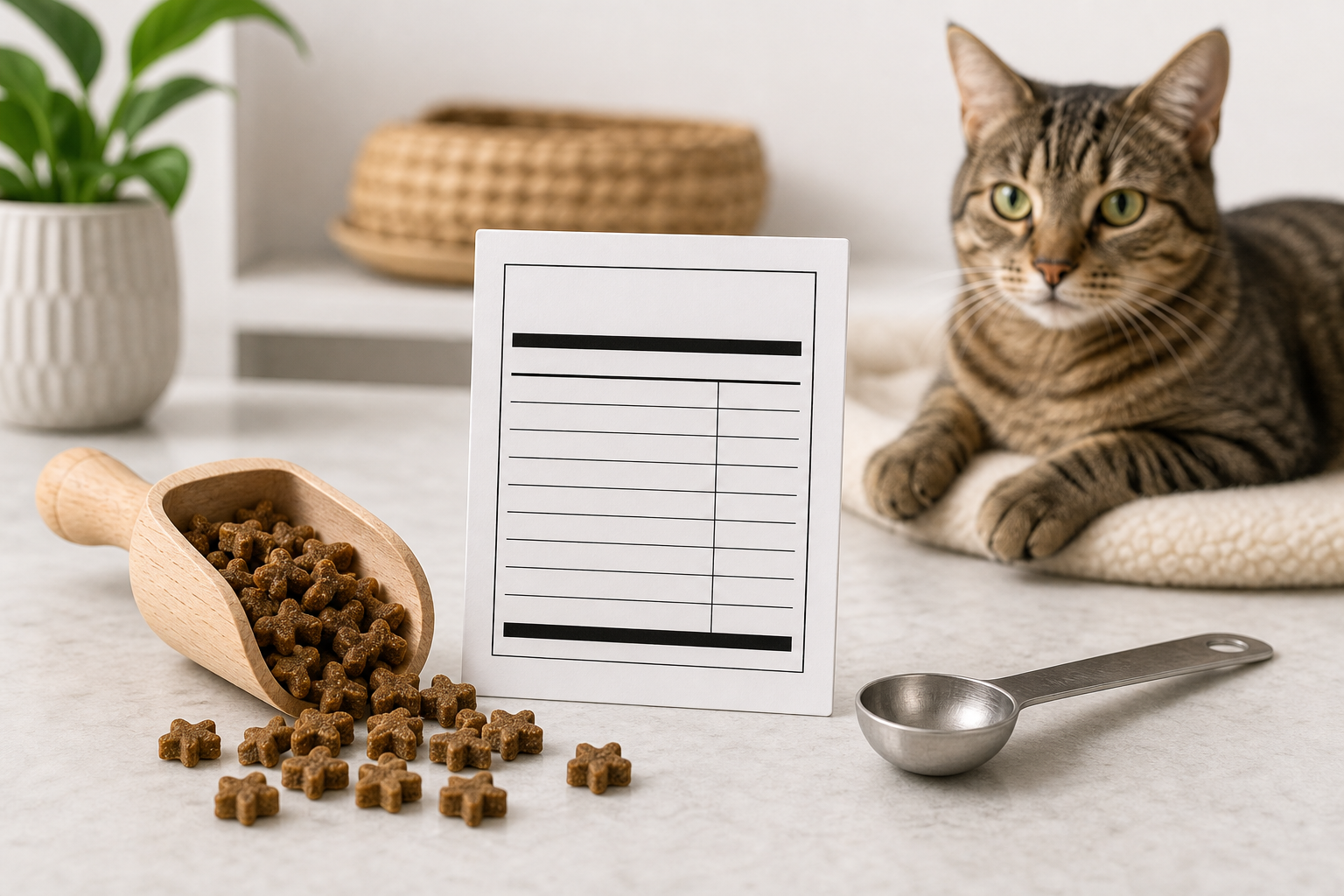 Unbranded cat dental treats with a blank checklist and measuring spoon