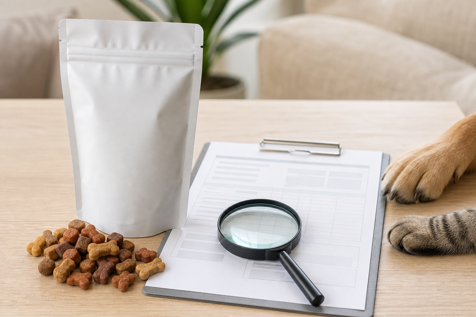 Unbranded pet treat pouch with generic treats and a blank lab report checklist