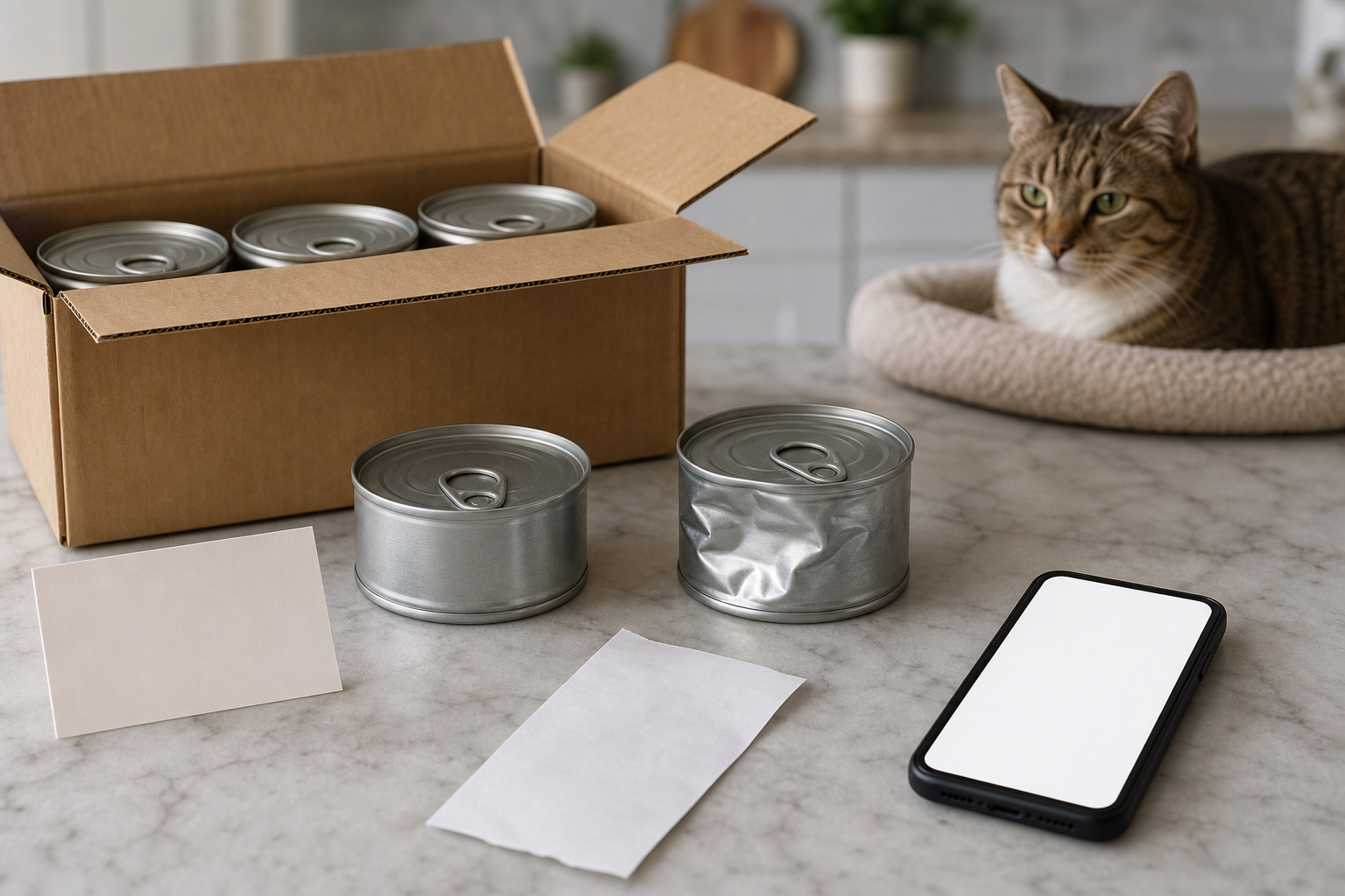 Unbranded wet pet food cans being checked after delivery