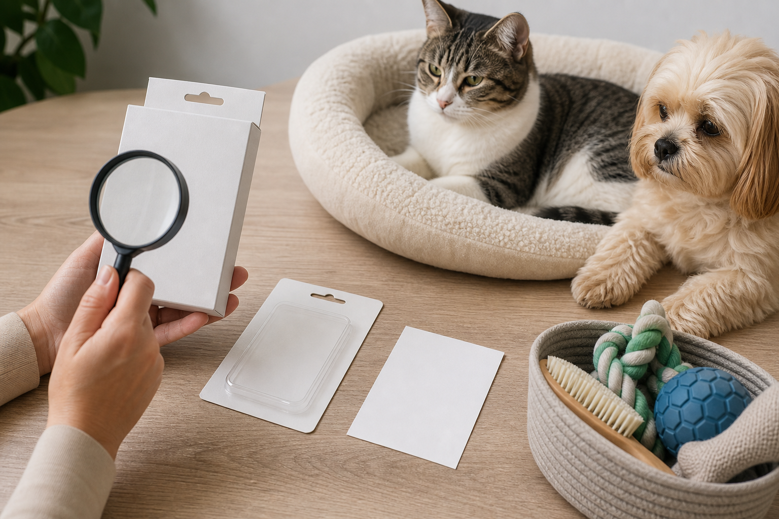 Unbranded pet dewormer label check with a calm dog and cat
