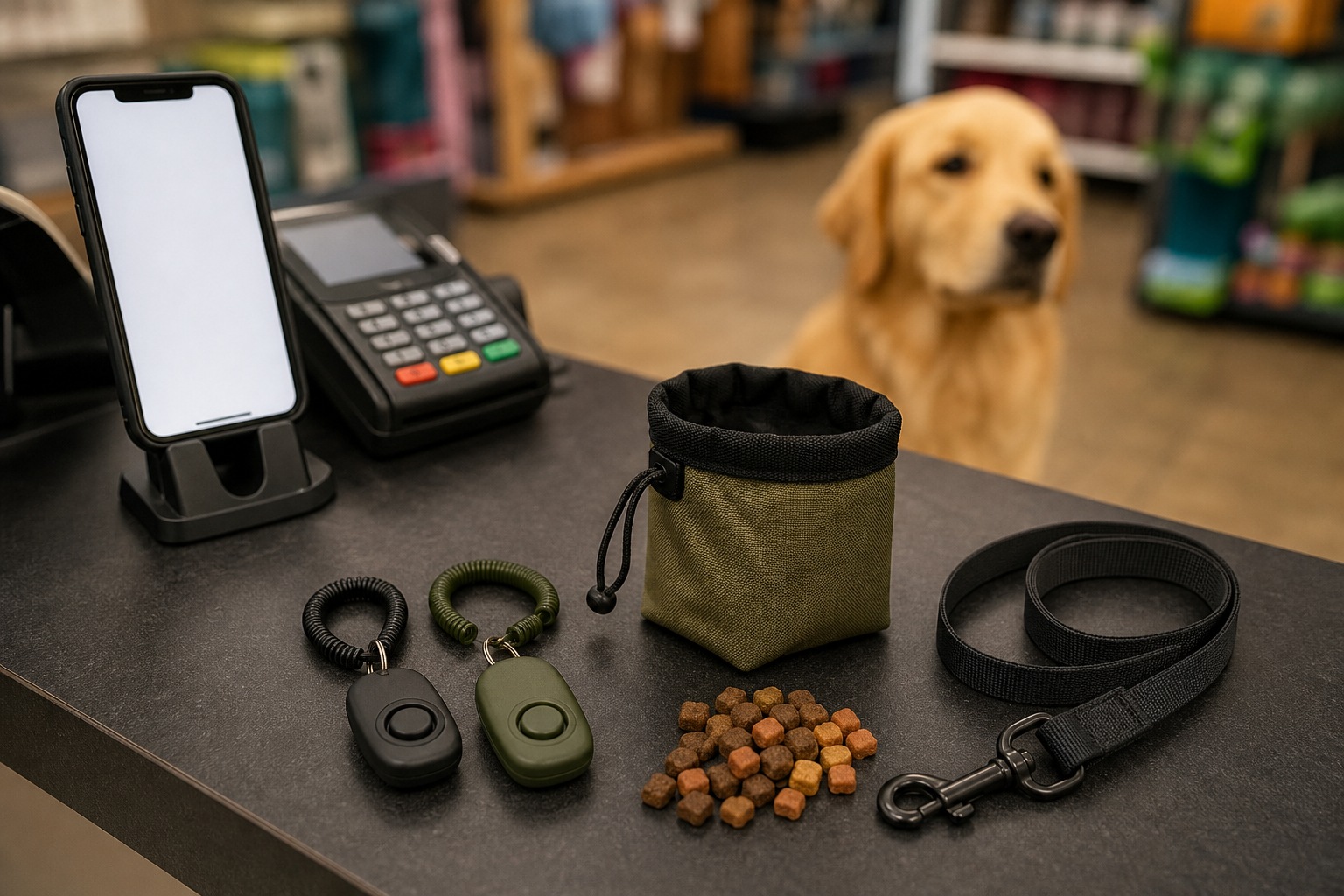 Unbranded dog clickers and training supplies at checkout