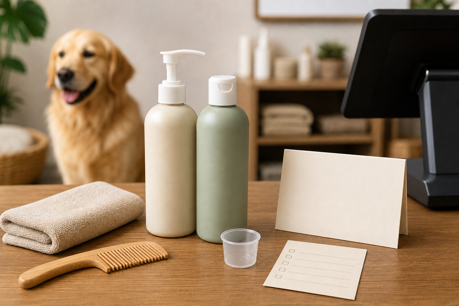 Unbranded dog conditioner checkout scene with grooming tools