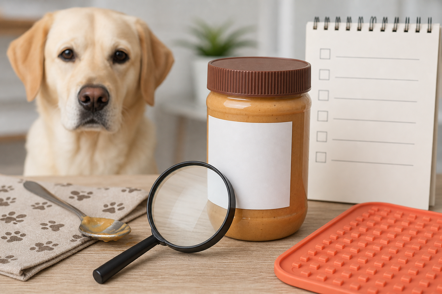 Unbranded peanut butter jar, magnifying glass, lick mat and calm dog for ingredient label check