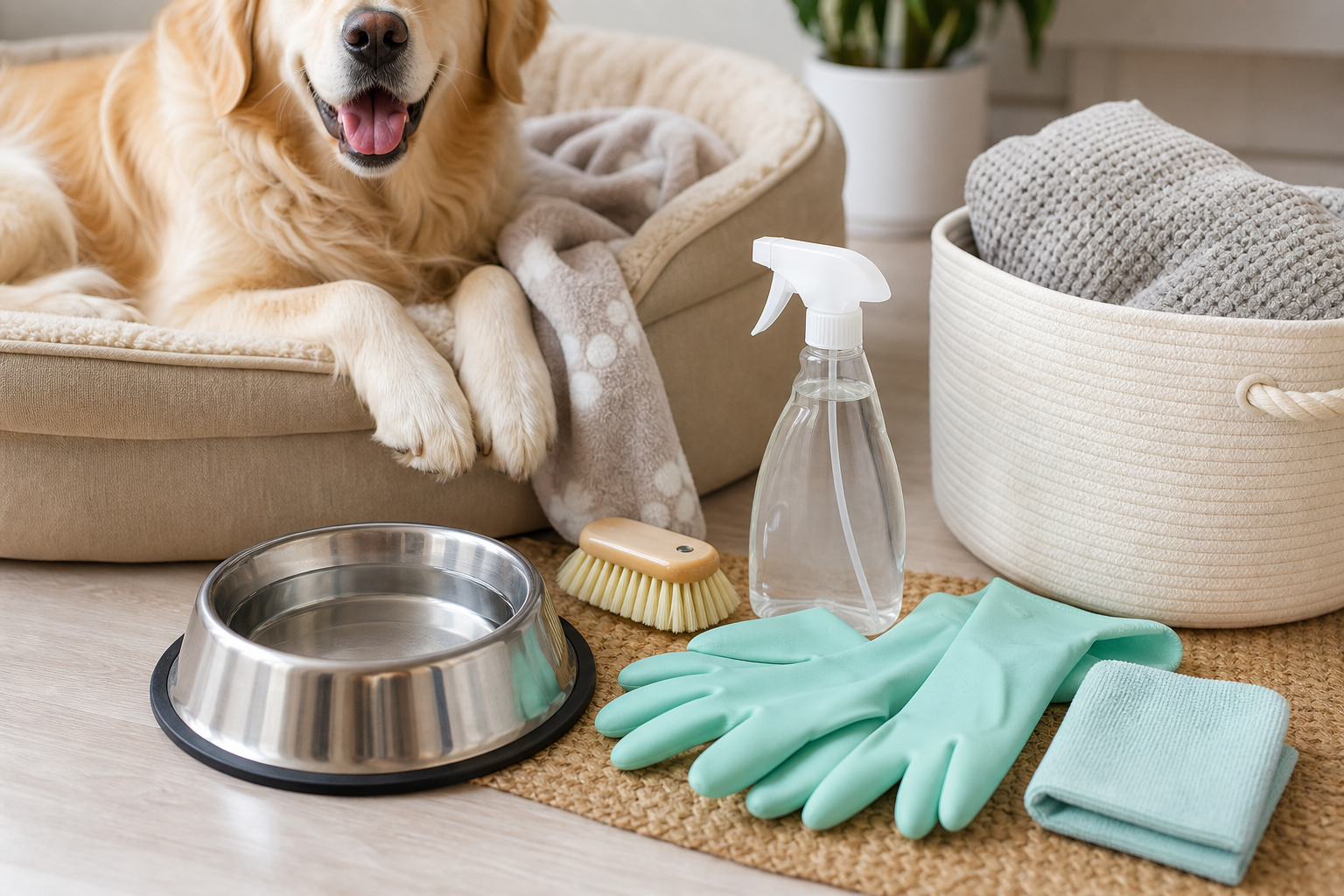 Dog bed and unbranded pet cleaning supplies on a checklist