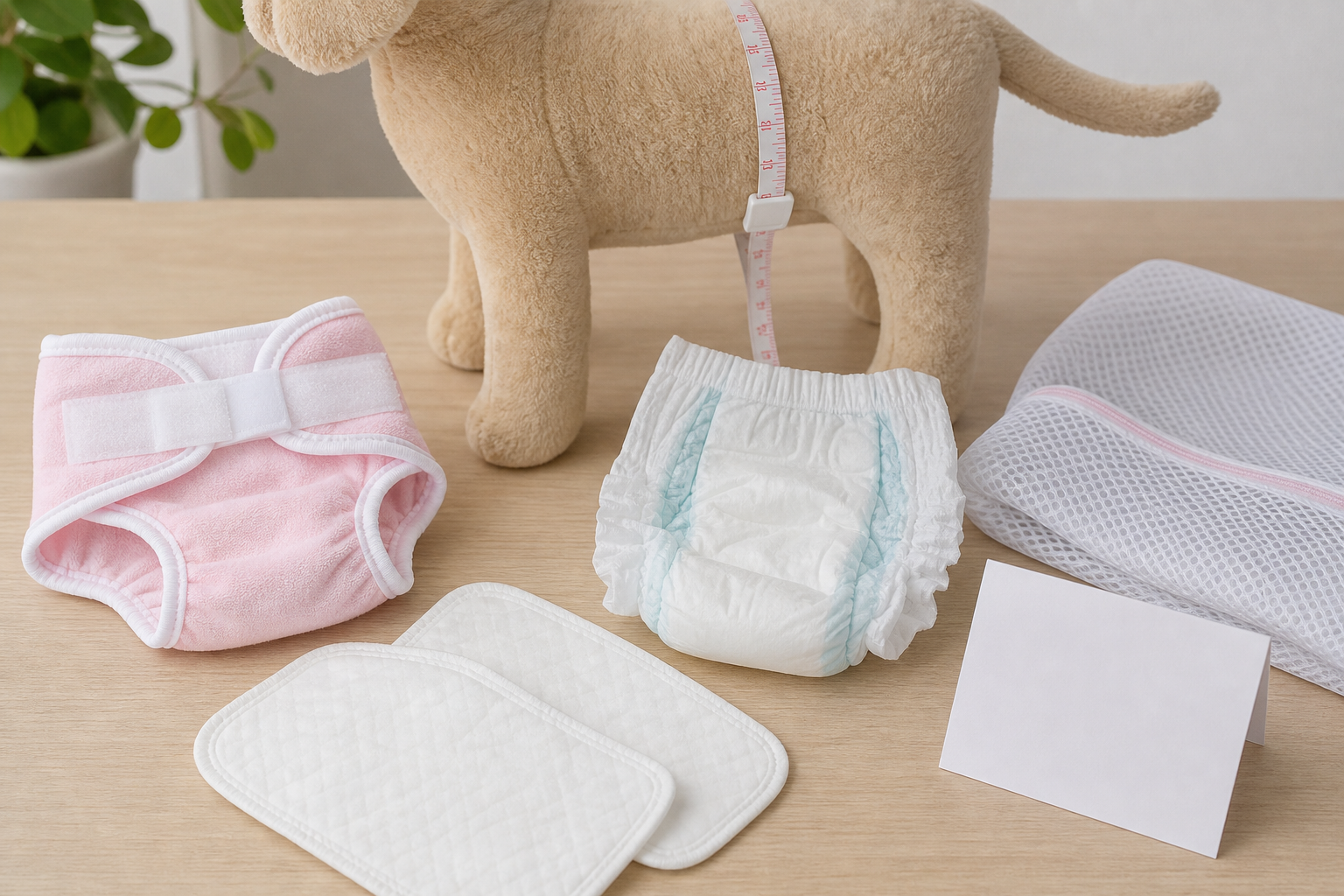 Unbranded washable and disposable dog diaper comparison with measuring tape