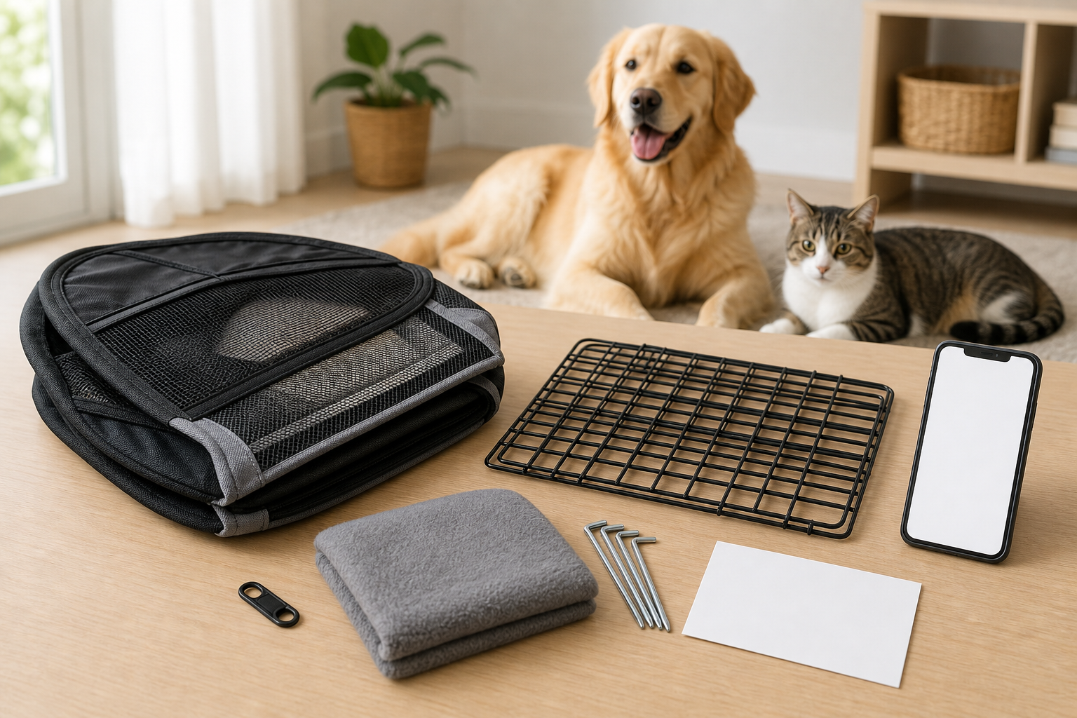 Unbranded foldable pet playpen checkout checklist with dog and cat supplies