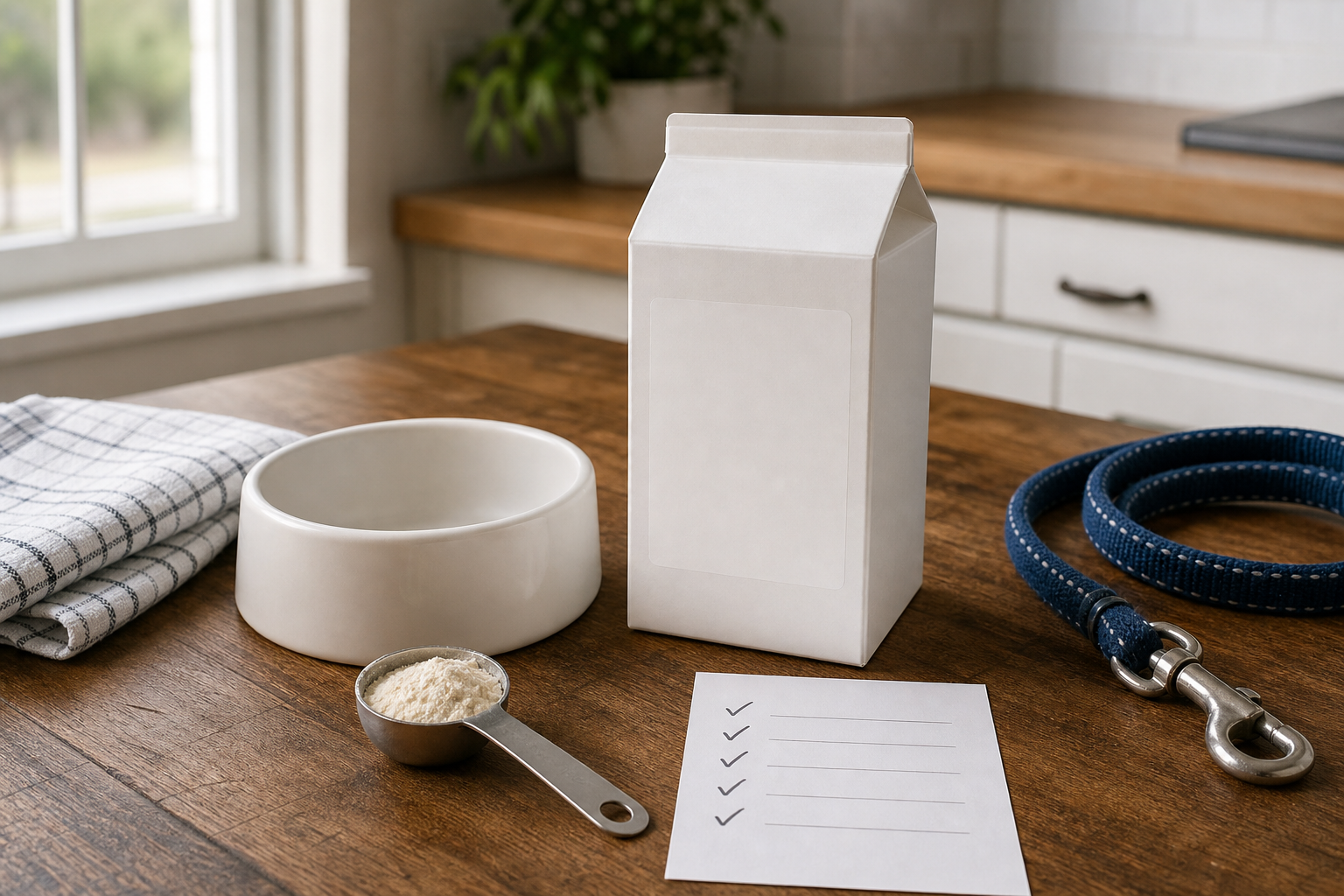 Unbranded pet topper checkout scene with a bowl, measuring spoon and checklist