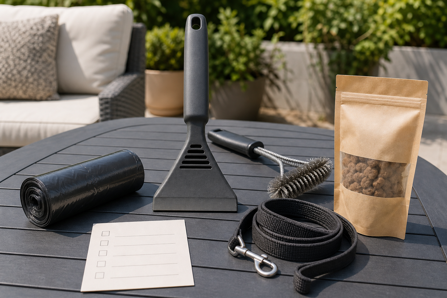 Unbranded grill cleaning checkout scene with a leash and dog treat pouch