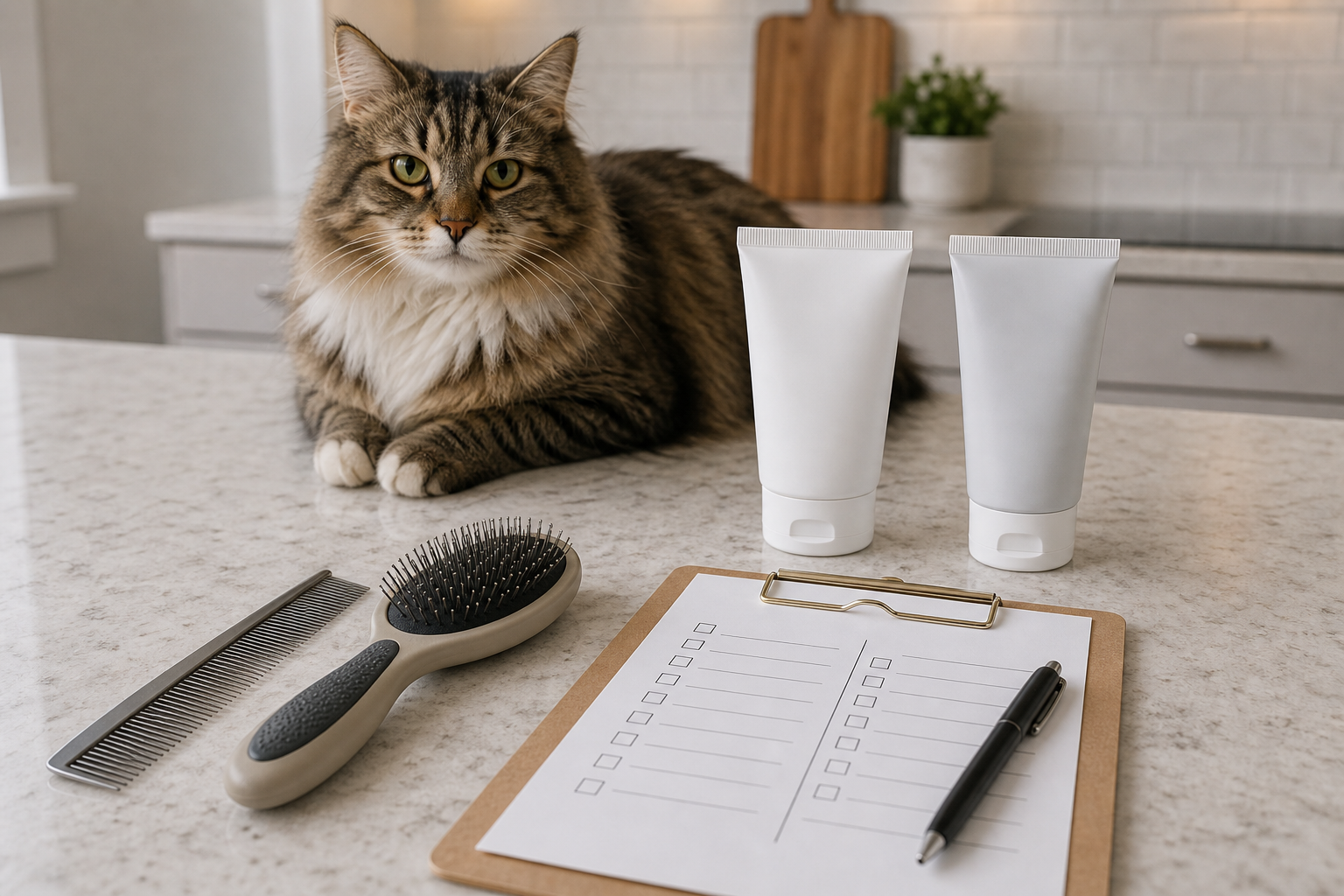 Generic cat with blank hairball gel tubes, comb, brush and checklist