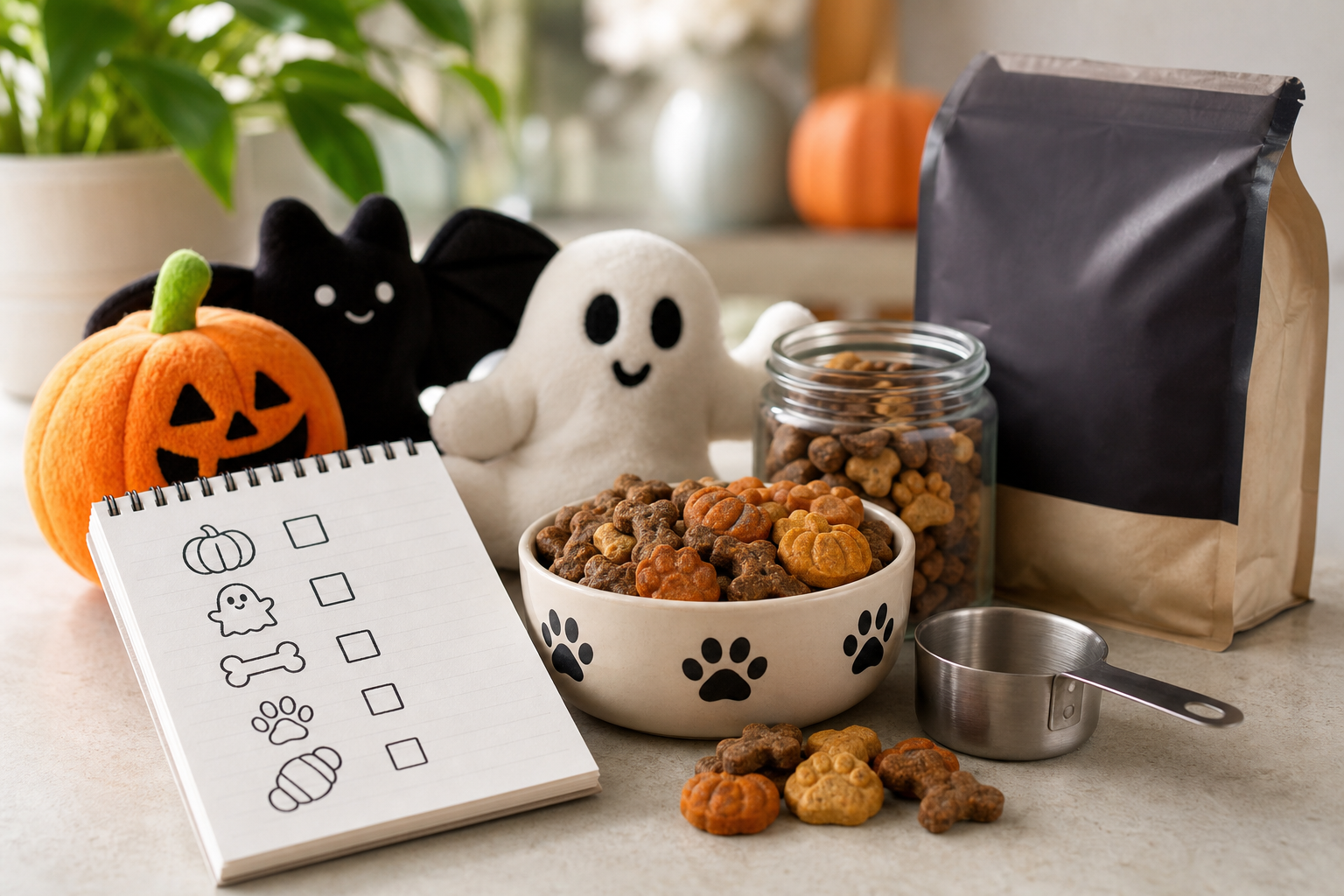 Unbranded Halloween pet treats and toys beside a checklist and measuring scoop