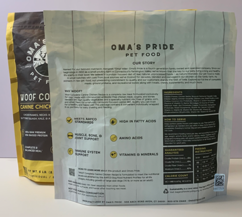 FDA recall photo of Omas Pride Woof Complete Canine Chicken Recipe back label