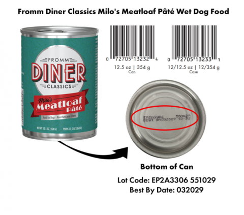 FDA recall photo of Fromm Diner Classics Milos Meatloaf Pate dog food can