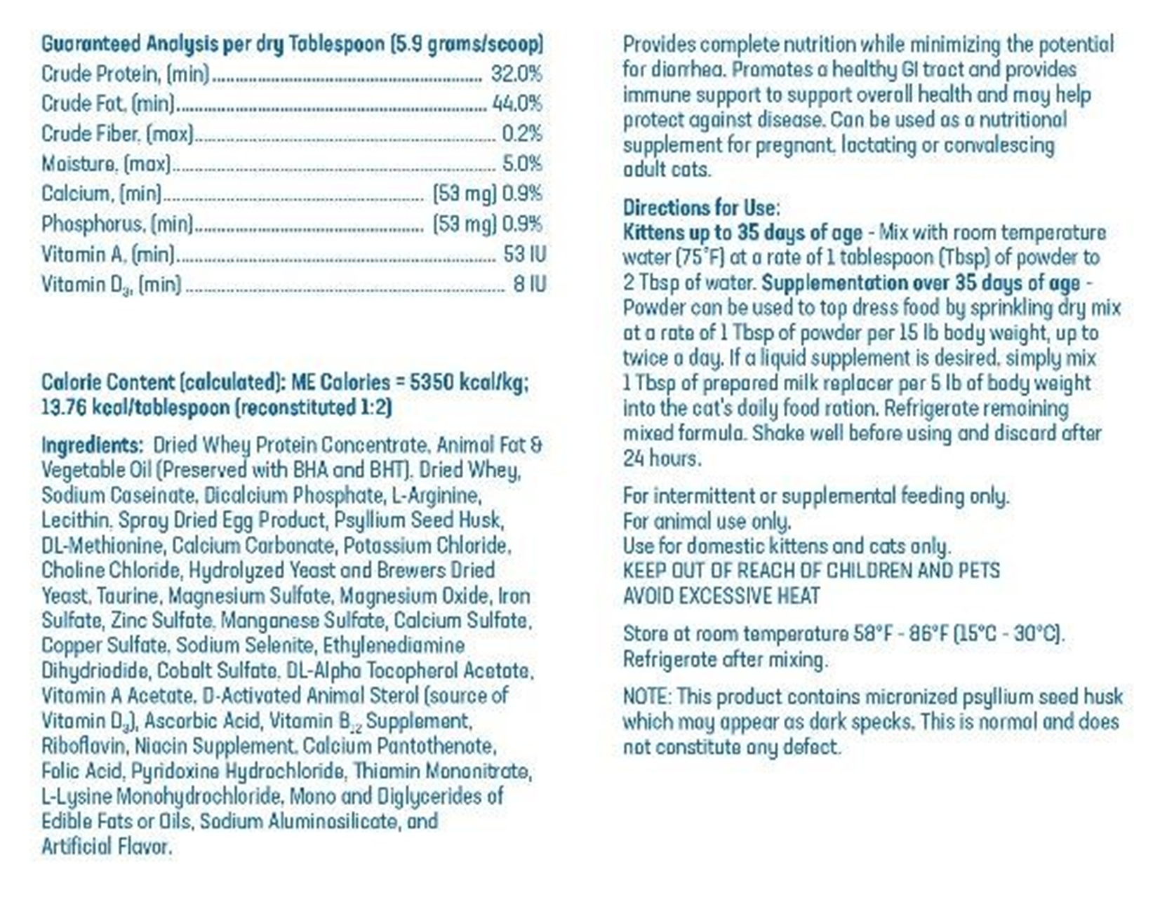 Ingredient panel from recalled feline milk replacer product