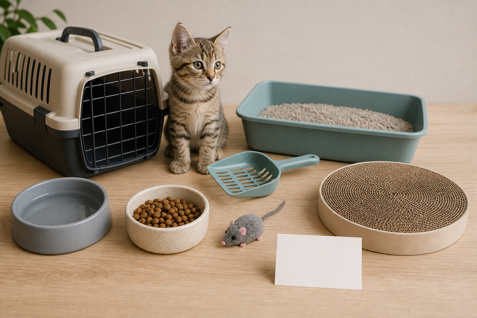 Generic kitten supplies checkout comparison with carrier, litter tray, scoop, food bowl and scratch pad