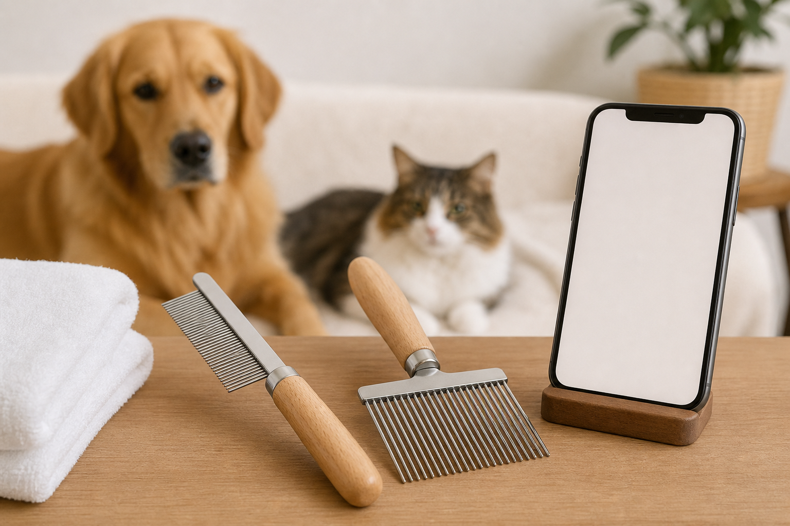 Unbranded manual flea combs and blank checkout screen with calm dog and cat in the background