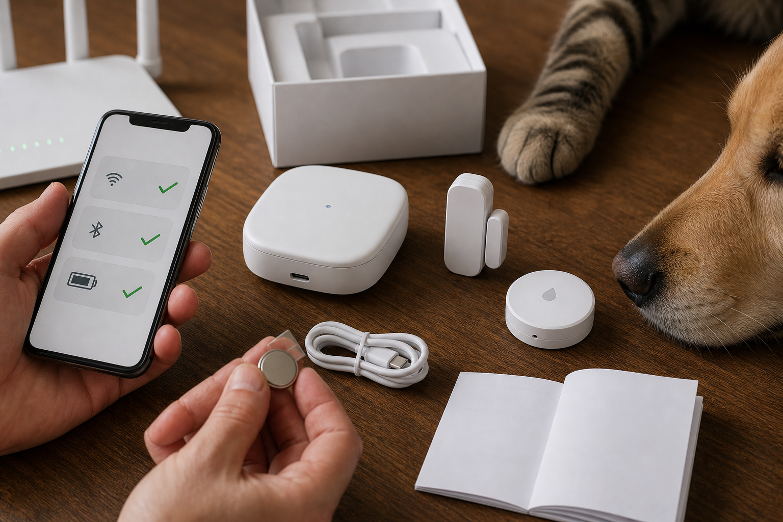 Unbranded smart home hub, sensors, coin battery and phone icons checked before buying pet tech
