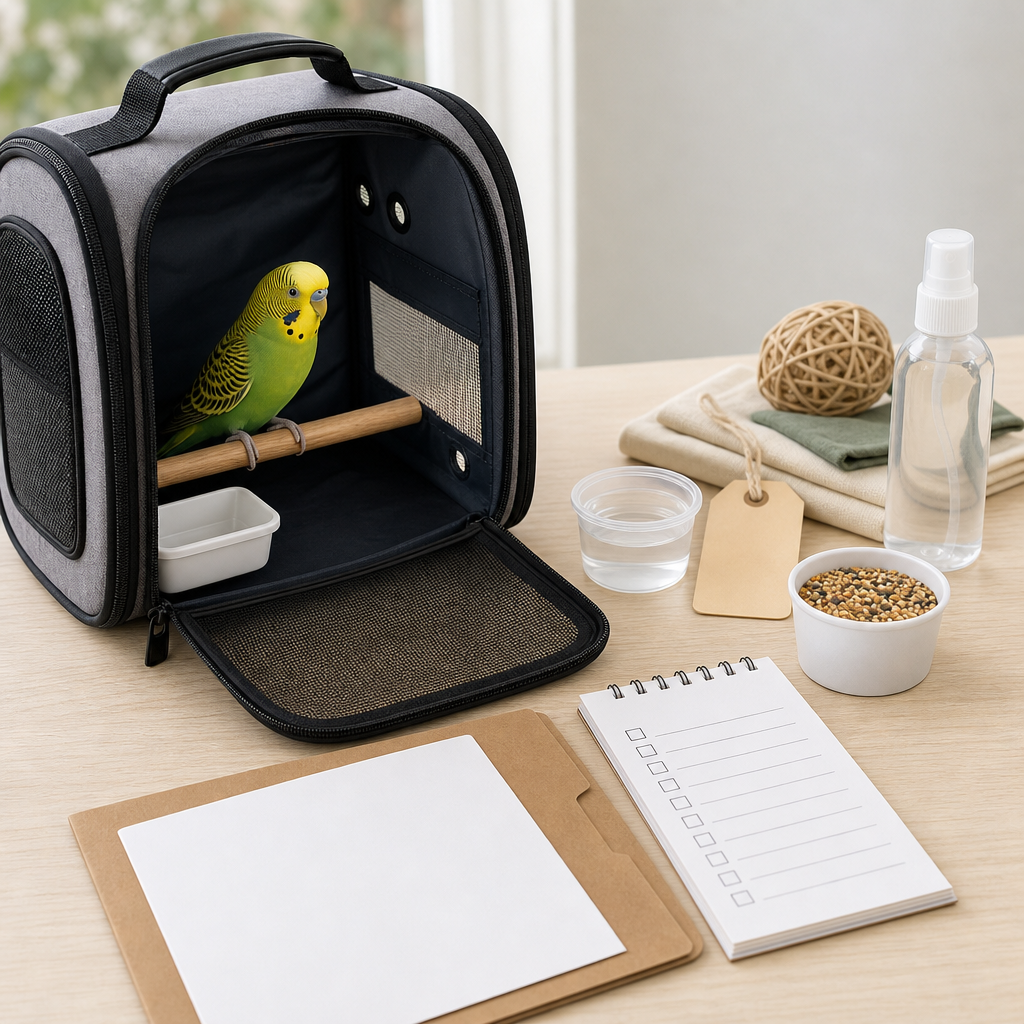 Unbranded bird travel carrier with paperwork and blank checklist