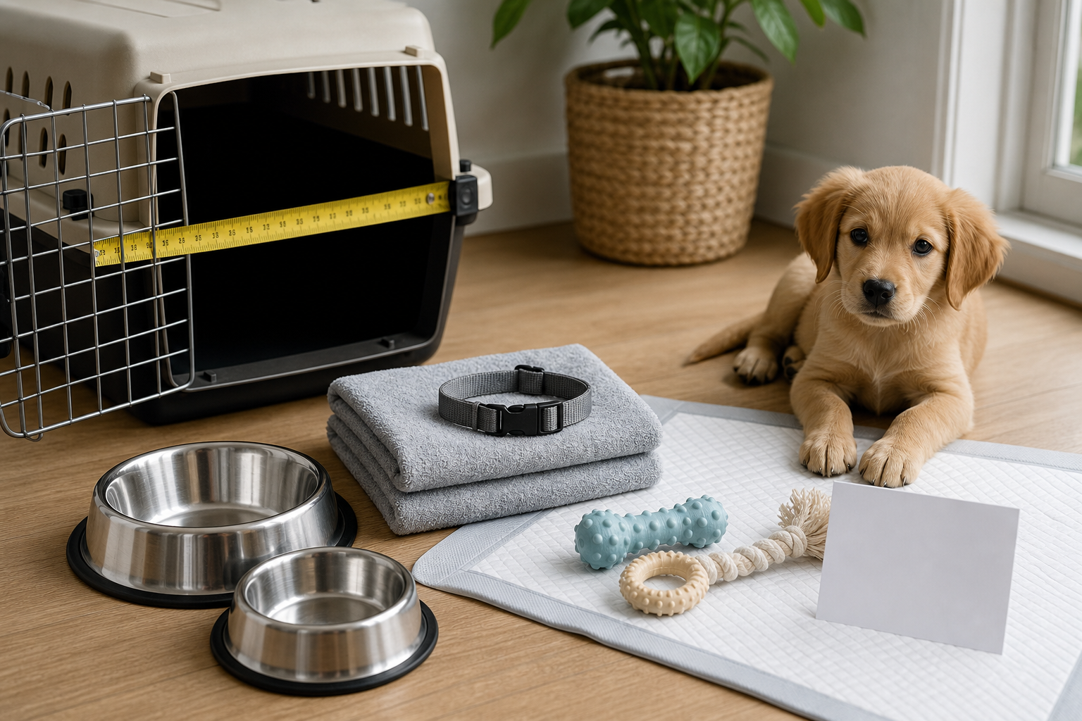 Generic puppy starter kit supplies laid out for a checkout check
